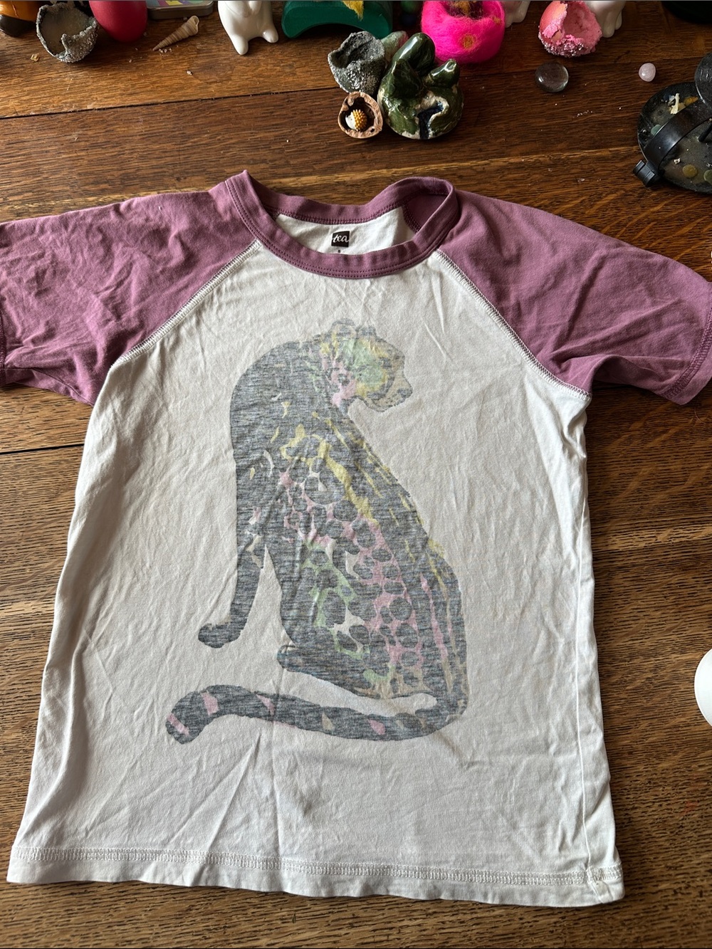 Tea Collection Cream Tee with Mauve Raglan Sleeves and Multicolor Cat Graphic